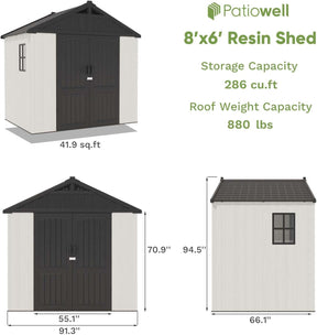 8' X 6' Plastic Outdoor Storage Shed with Floor, Resin Shed with Window and Lockable Door for Garden, Backyard, Tool Storage Use, Easy to Install in Gray and White (Kick-It Shed)