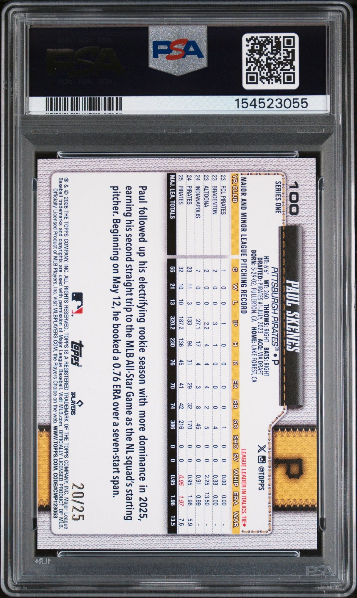 2026 Topps #100 Paul Skenes Orange Holo Foil PSA 10 #/25