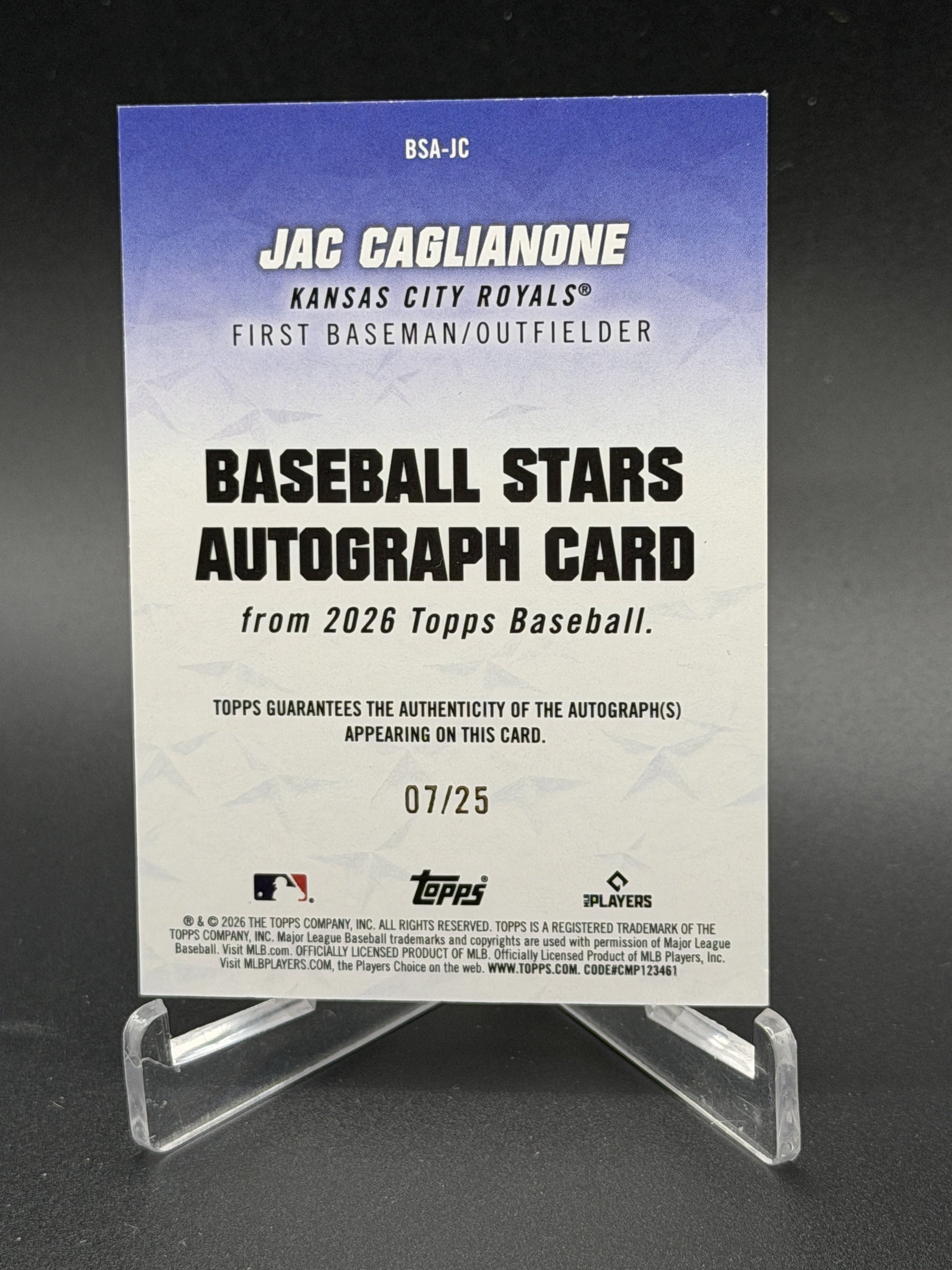 2026 Topps #BSA-JC Jac Caglianone Rookie Baseball Stars Auto Orange /25