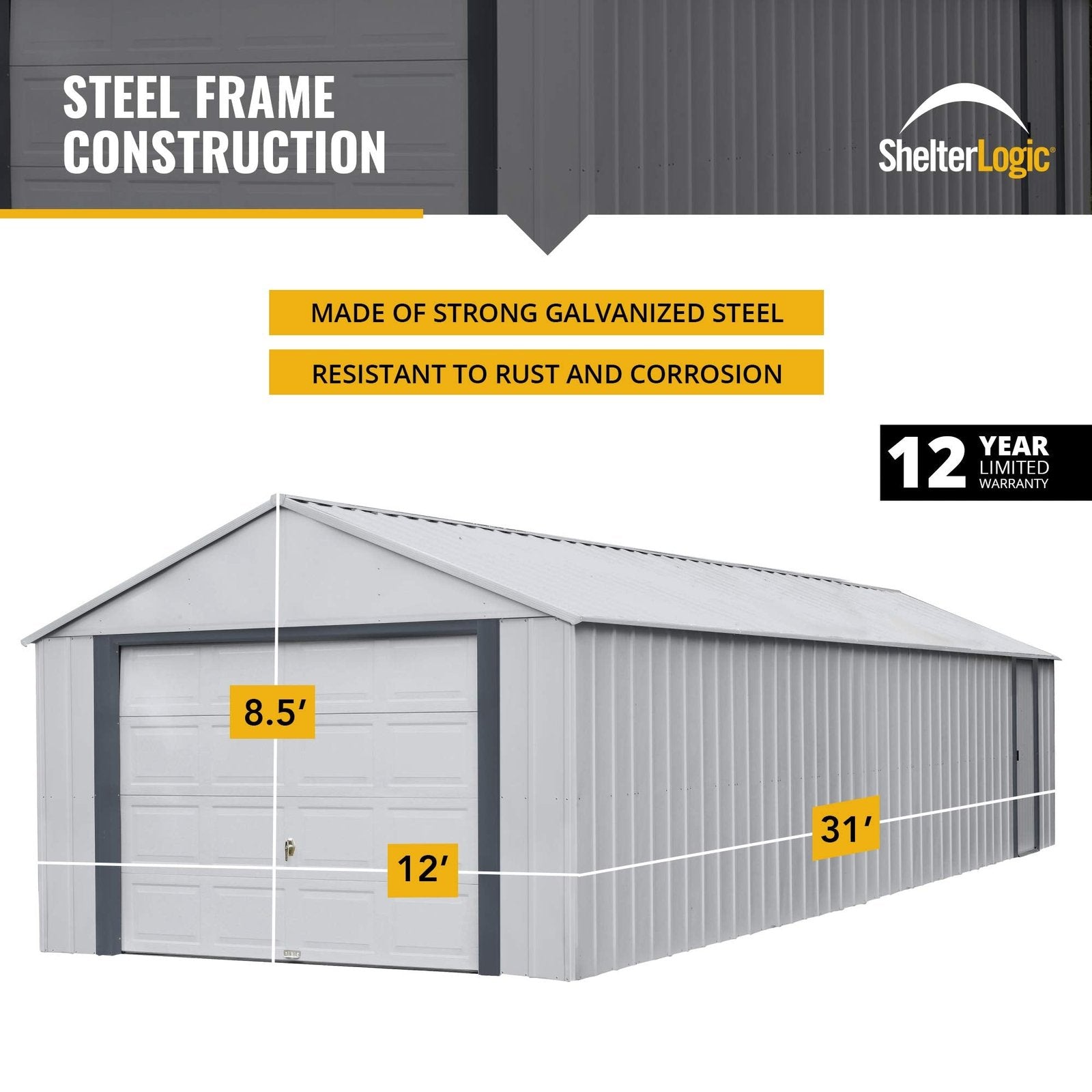 Arrow Shed 12′ x 31′ Murryhill Garage Galvanized Steel Extra Tall Walls Prefabricated Shed Storage Building, 12′ x 31′, Flute Gray