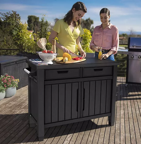 Keter Outdoor Grill Table, Buffet, Entertainment and Storage Cabinet w/ Drawers, Graphite Gray